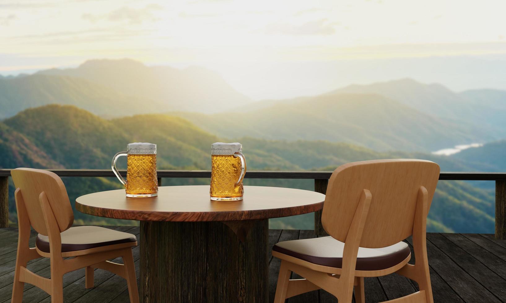 bière pression ou artisanale en verre transparent avec mousse de bière sur le dessus posée sur un ensemble de tables et de chaises en bois. coin salon sur la terrasse en bois avec fond de montagne avec lumière divine ou lumière du soleil rendu 3d photo