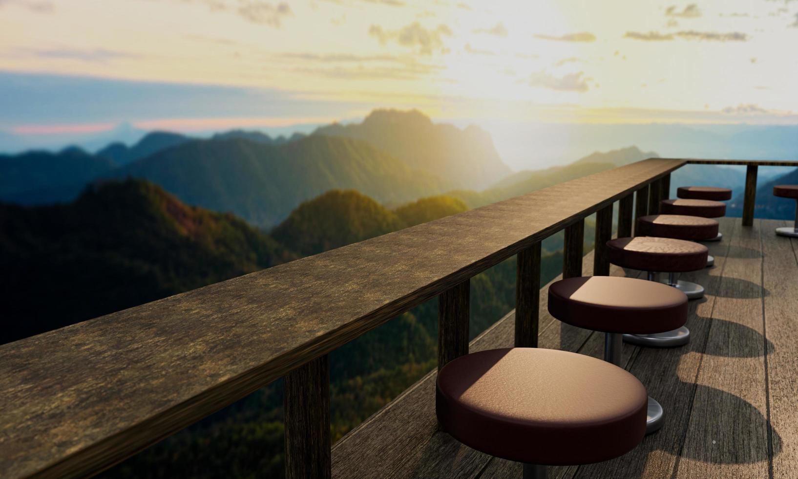 un restaurant ou un café a un paysage montagneux et une brume matinale. la lumière du soleil au sommet de la colline. planchers de planches de balcon ou de terrasse et longues tables en bois et rendu 3d photo