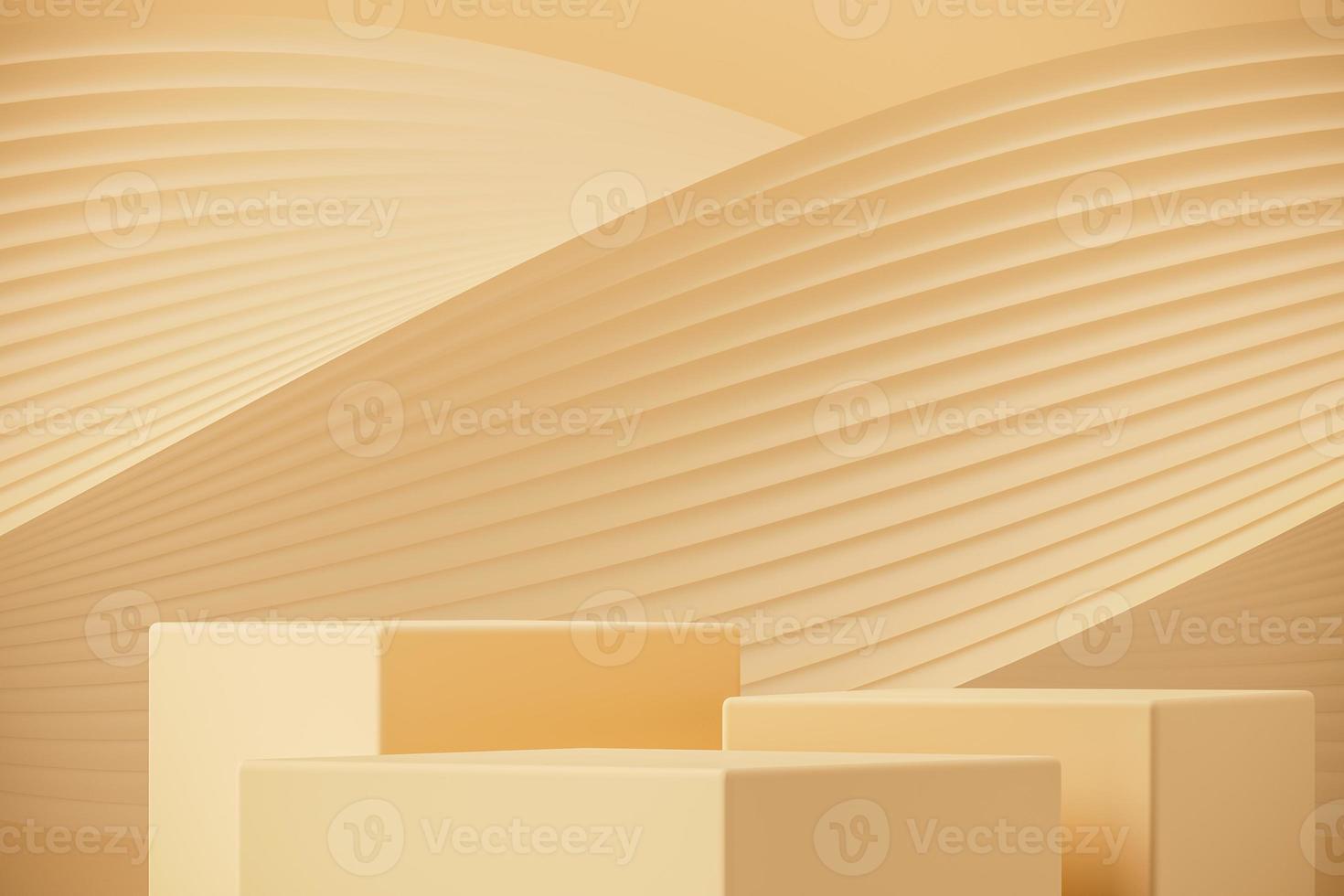 trois podiums sur dégradé abstrait et lignes de vagues fond beige. pour la présentation du produit. rendu 3d photo