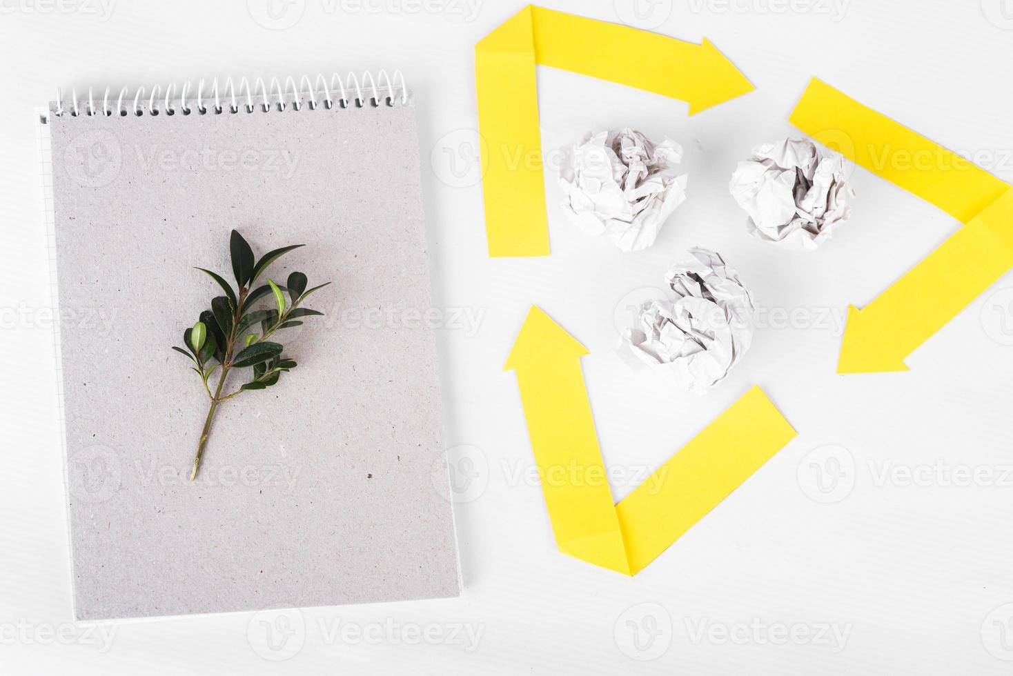 cahier en papier organique avec brindille verte et marque de recyclage avec du papier froissé à l'intérieur sur fond blanc. concept zéro déchet photo