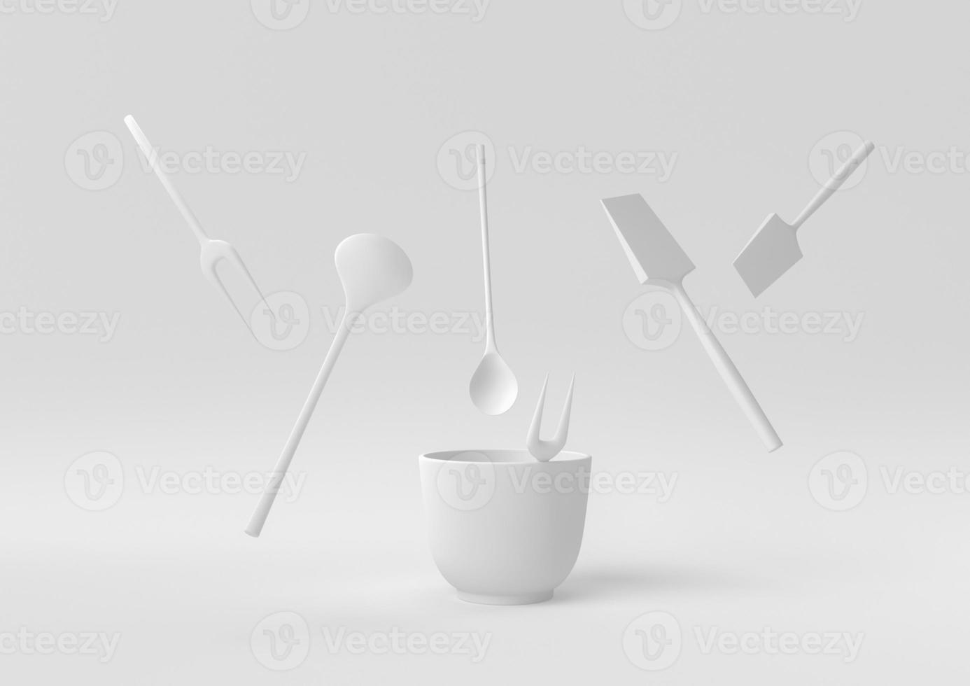ustensiles de cuisine blancs et ingrédients de cuisson flottant sur fond blanc. idée de concept minimal créatif. monochrome. rendu 3D. photo