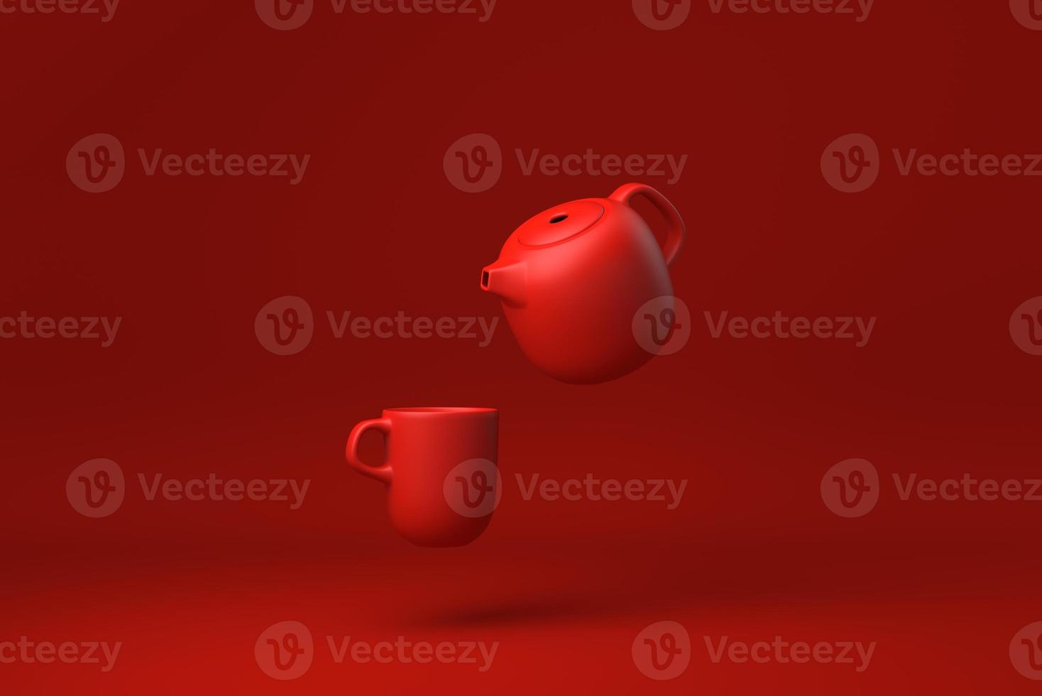 théière rouge et tasses flottant sur fond rouge. idée de concept minimal créatif. monochrome. rendu 3D. photo