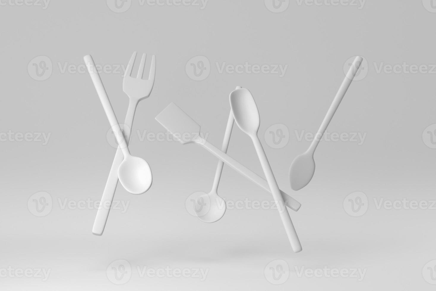 cuillères en bois, spatules et fourchettes sur fond blanc. notion minimale. rendu 3D. photo