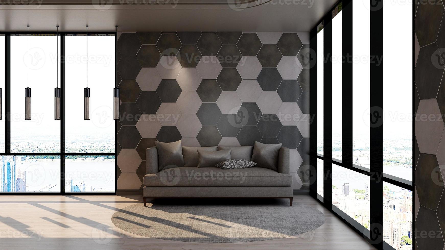 Conception de maquette de mur de salon de rendu 3d avec concept de design d'intérieur minimaliste moderne photo