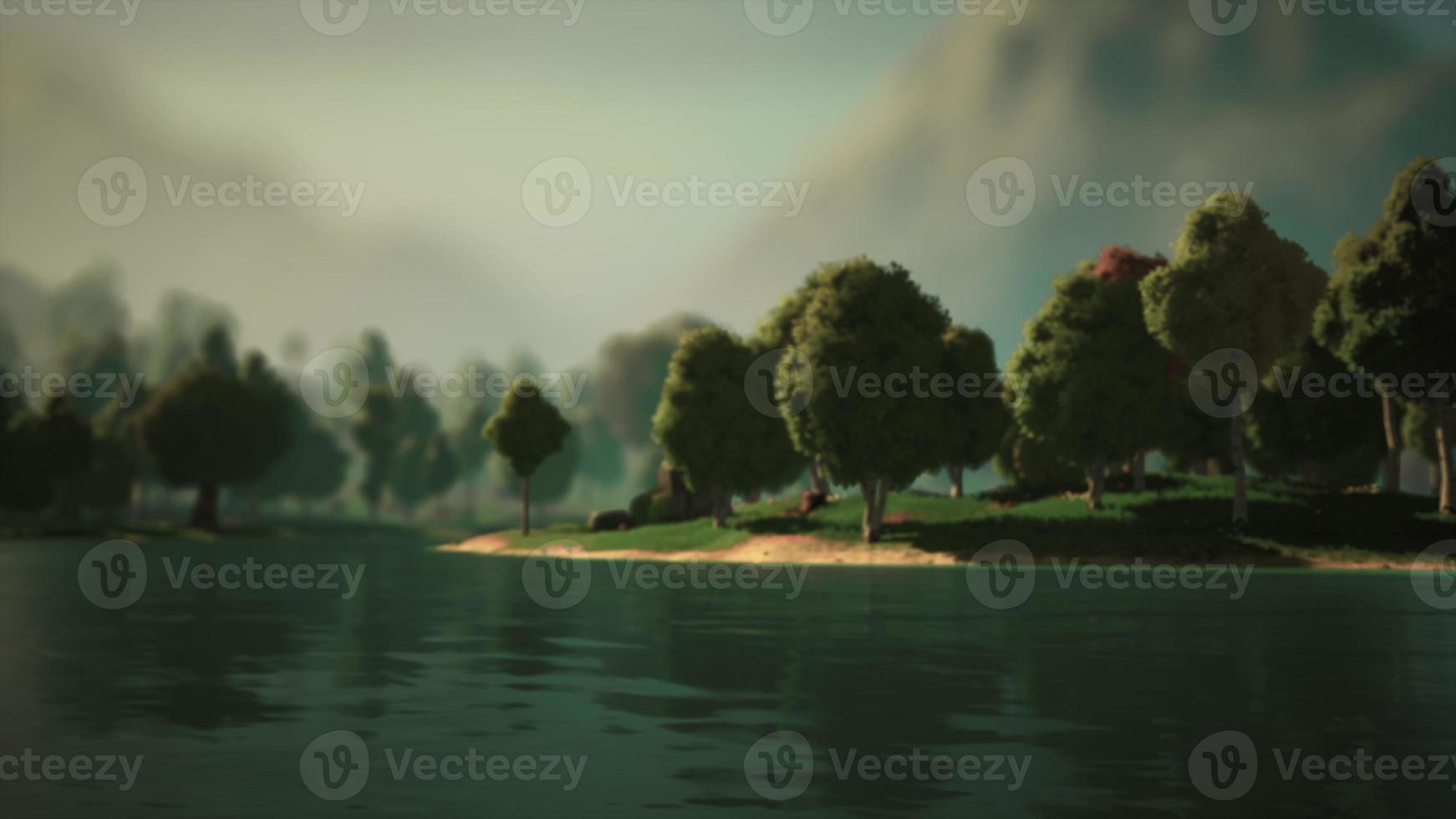 paysage de forêt verte de dessin animé avec arbres et lac photo