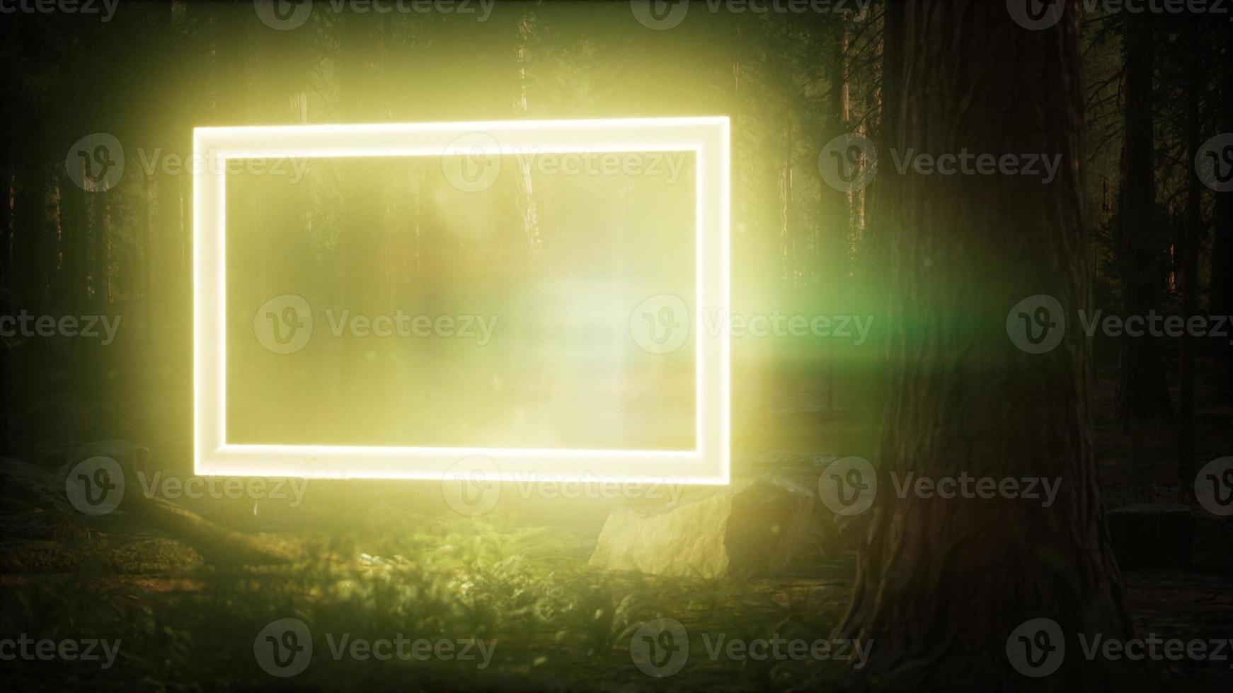 cadre rectangle lumineux au néon dans la forêt de nuit photo