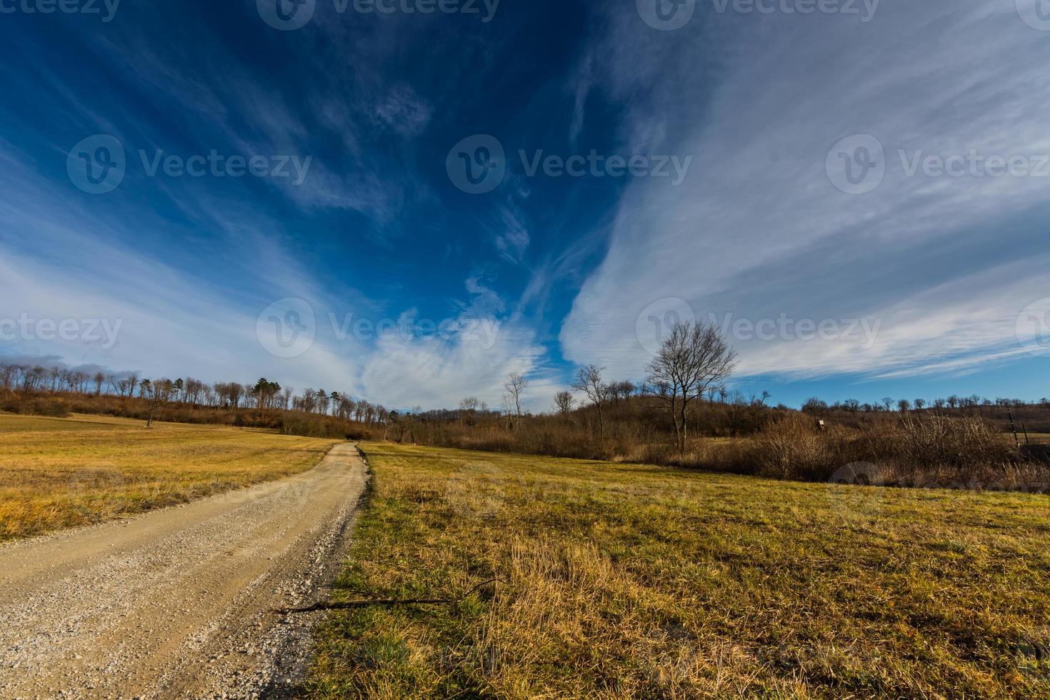 chemin de terre et une colline avec forêt et nuages fins au ciel photo