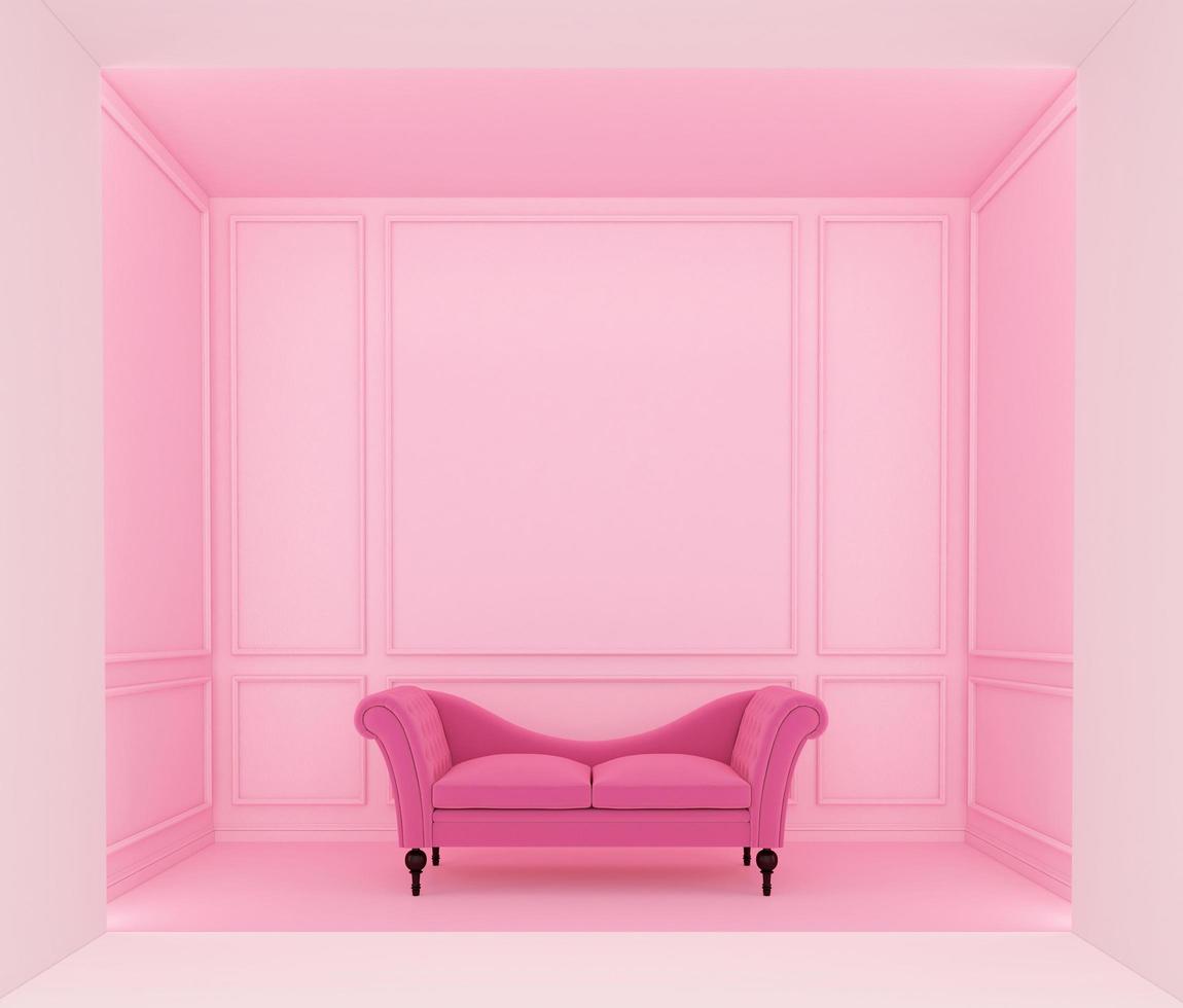 luxueux salon rose avec canapé rose et corniches murales rose clair. rendu 3d photo
