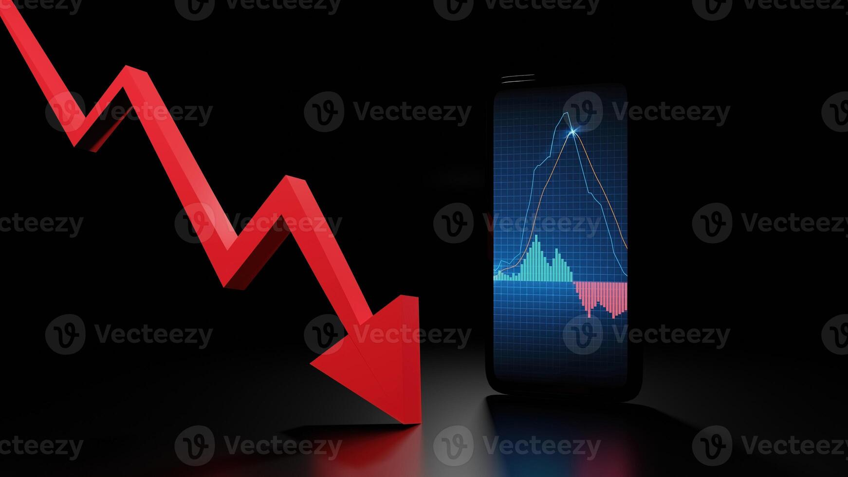 résumé, fond, de, téléphone portable, à, flèche rouge, marché boursier, graphique, macd, indicateur, 3d, illustration, rendre photo