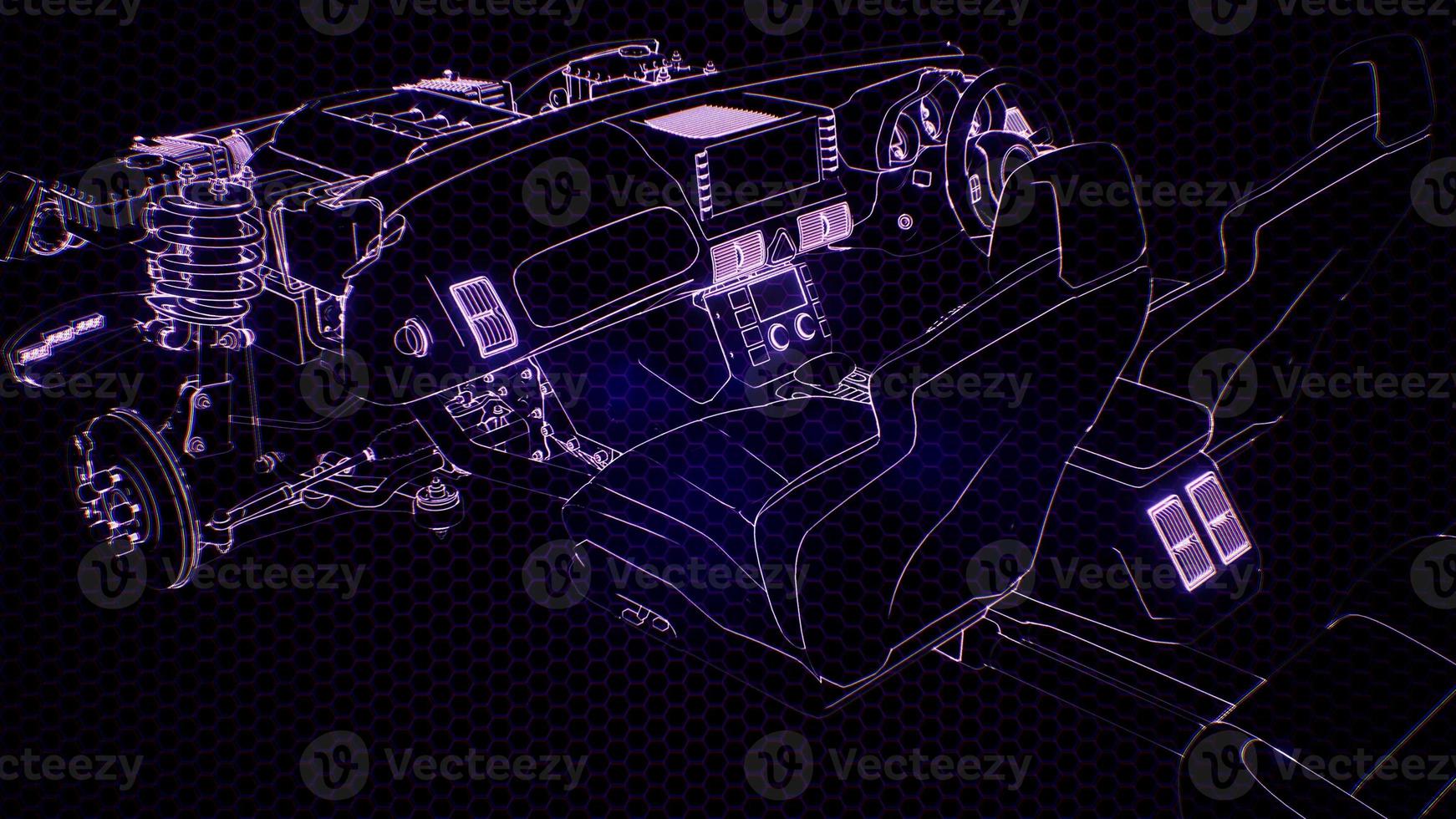 animation holographique d'un modèle de voiture filaire 3d avec moteur photo