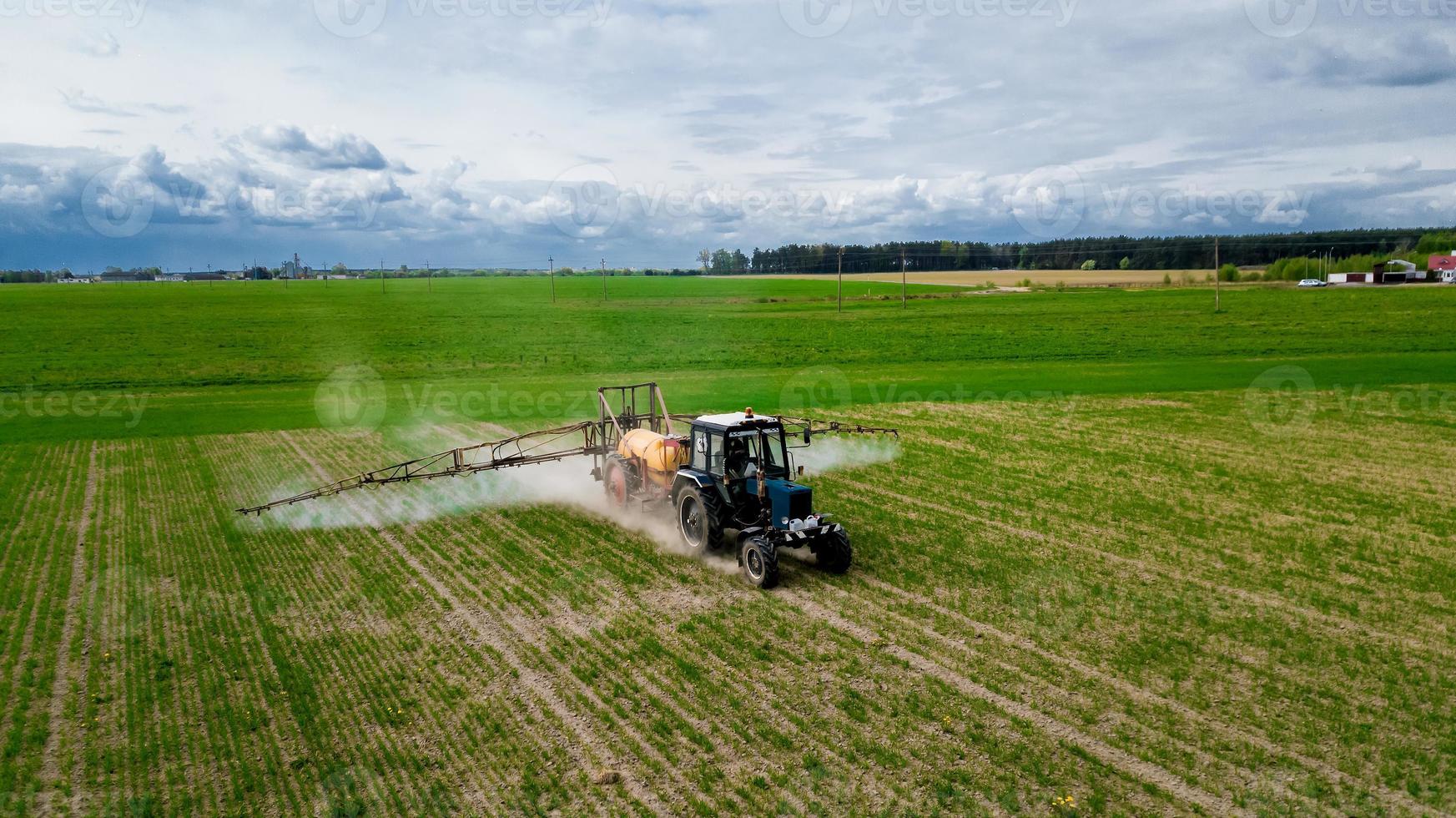 vue aérienne, agriculteur sur un tracteur avec un pulvérisateur fait de l'engrais pour les jeunes légumes photo