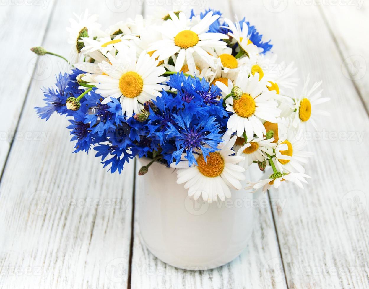 marguerites et bleuets dans un vase photo