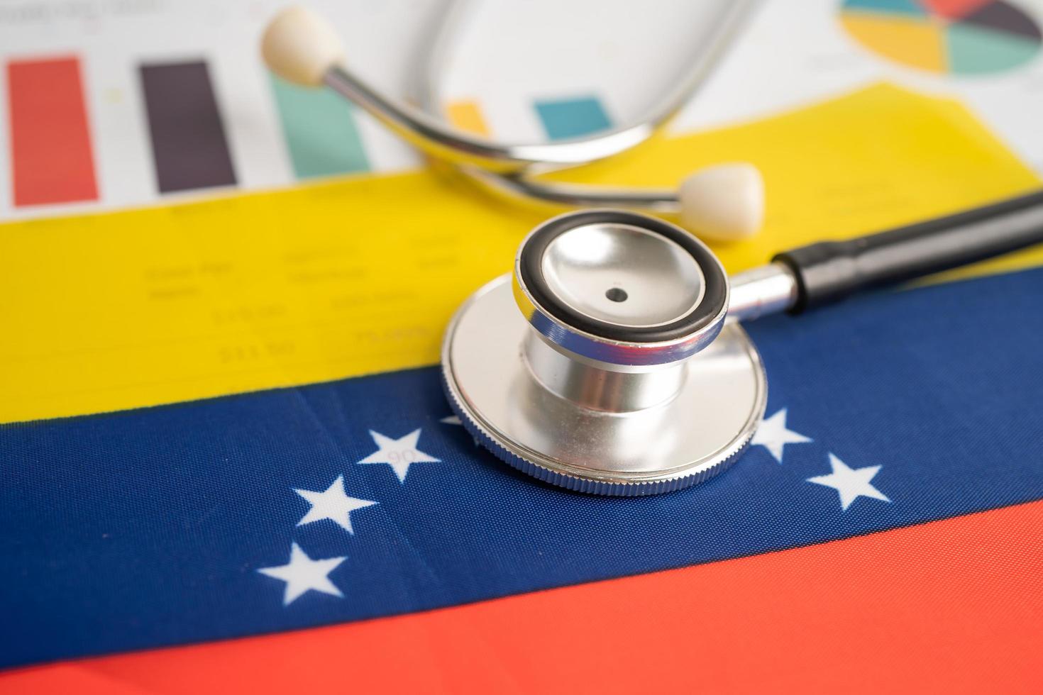 stéthoscope noir sur le drapeau du venezuela avec fond graphique, concept commercial et financier. photo