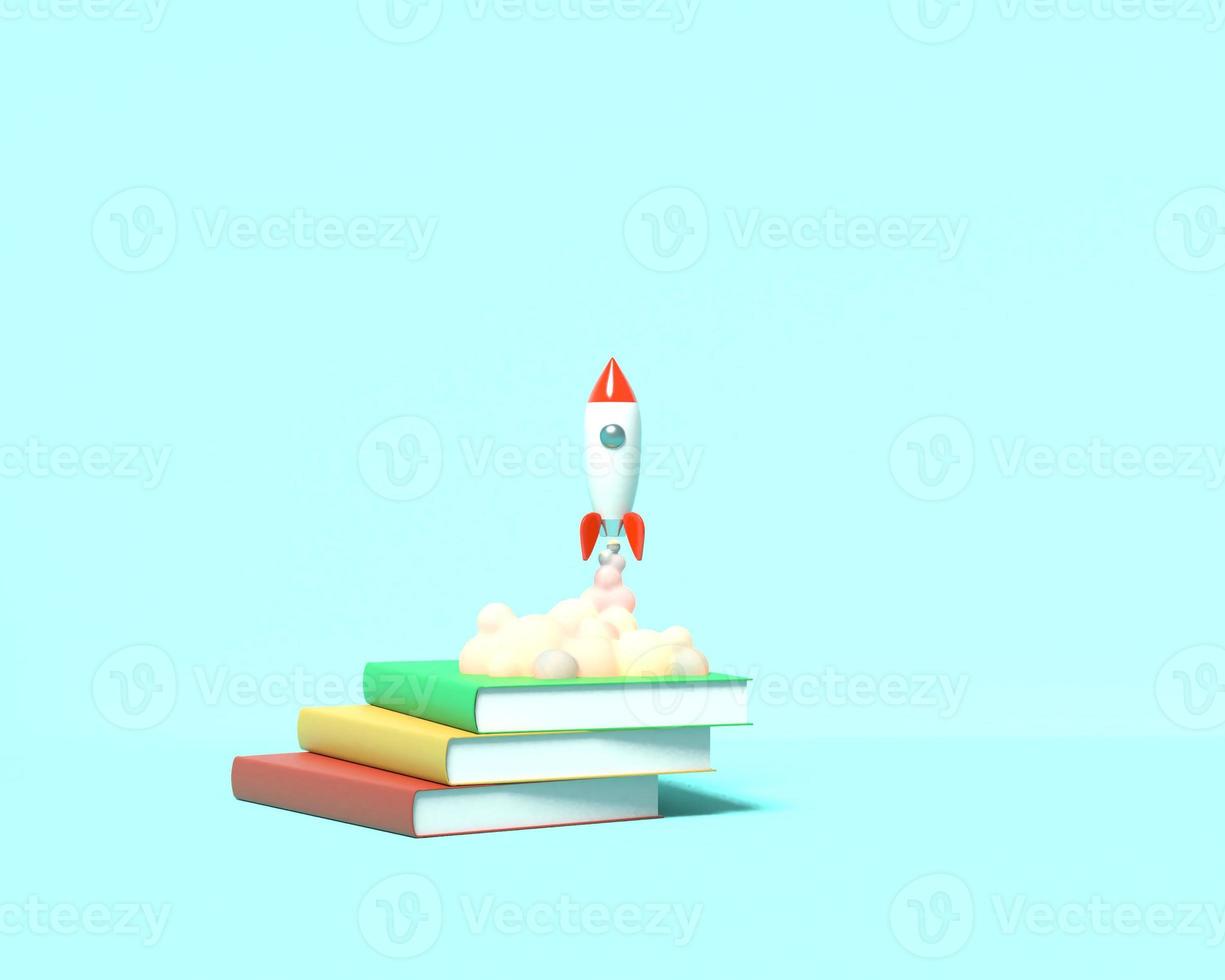 la fusée jouet décolle des livres en crachant de la fumée sur fond bleu. symbole du désir d'éducation et de connaissance. illustration de l'école. rendu 3d. photo