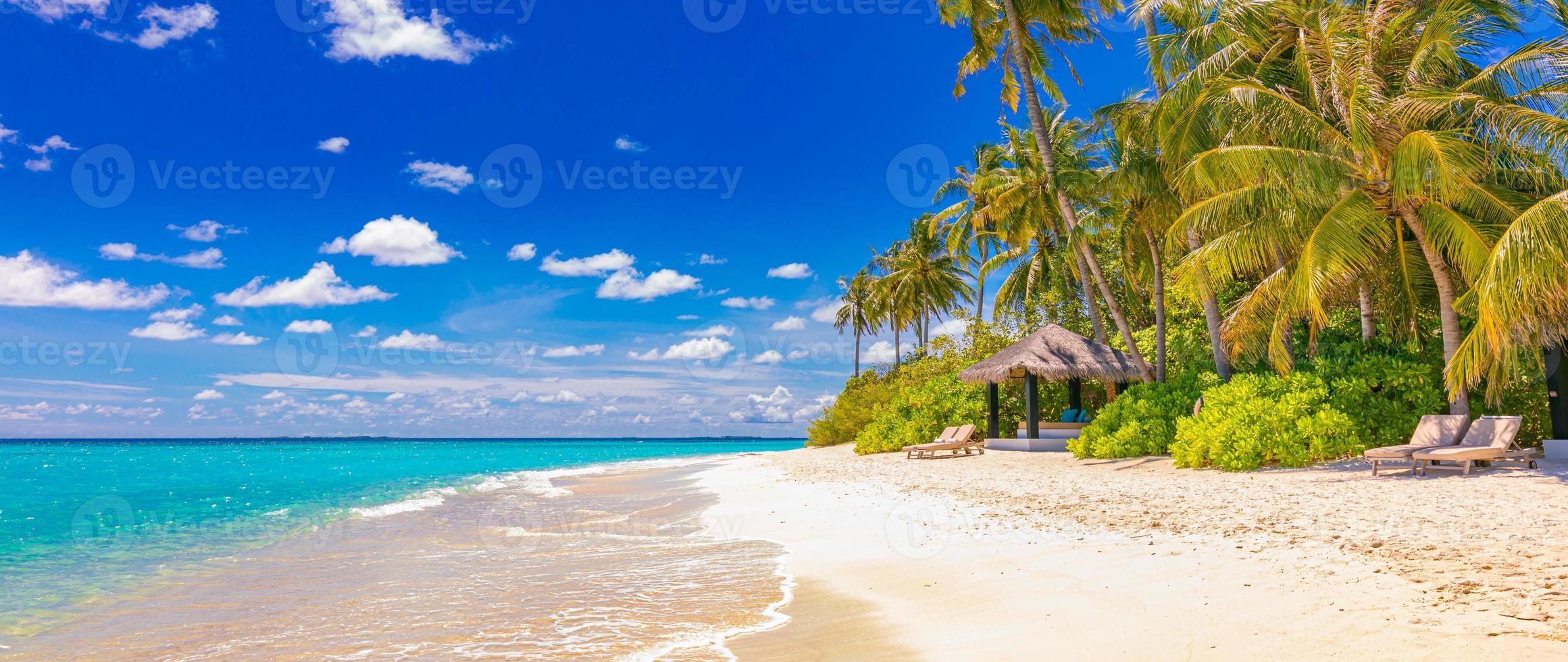 paradis de la plage de l'hôtel de villégiature tropical. nature incroyable, côte, rivage. vacances d'été, aventure de voyage. paysage de vacances de luxe, magnifique lagon océanique, palmiers bleu ciel. se détendre idyllique inspirer plage photo