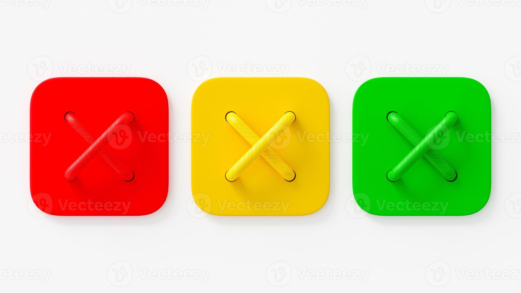 croix rouges, jaunes, vertes sur fond blanc. rendu 3D. photo