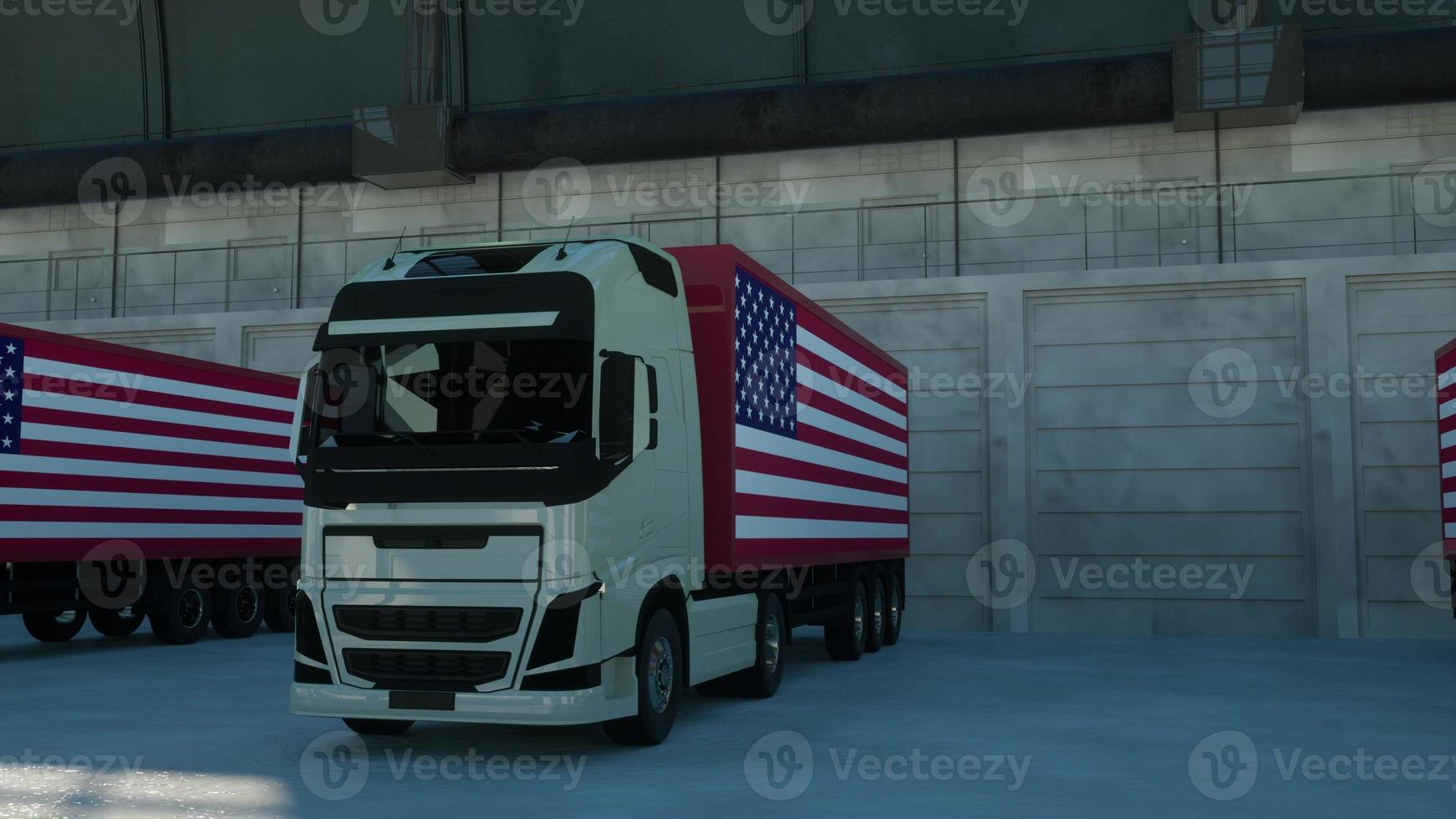 les camions semi-remorques chargent ou déchargent dans les baies d'entrepôt avec le drapeau des états-unis. rendu 3d photo