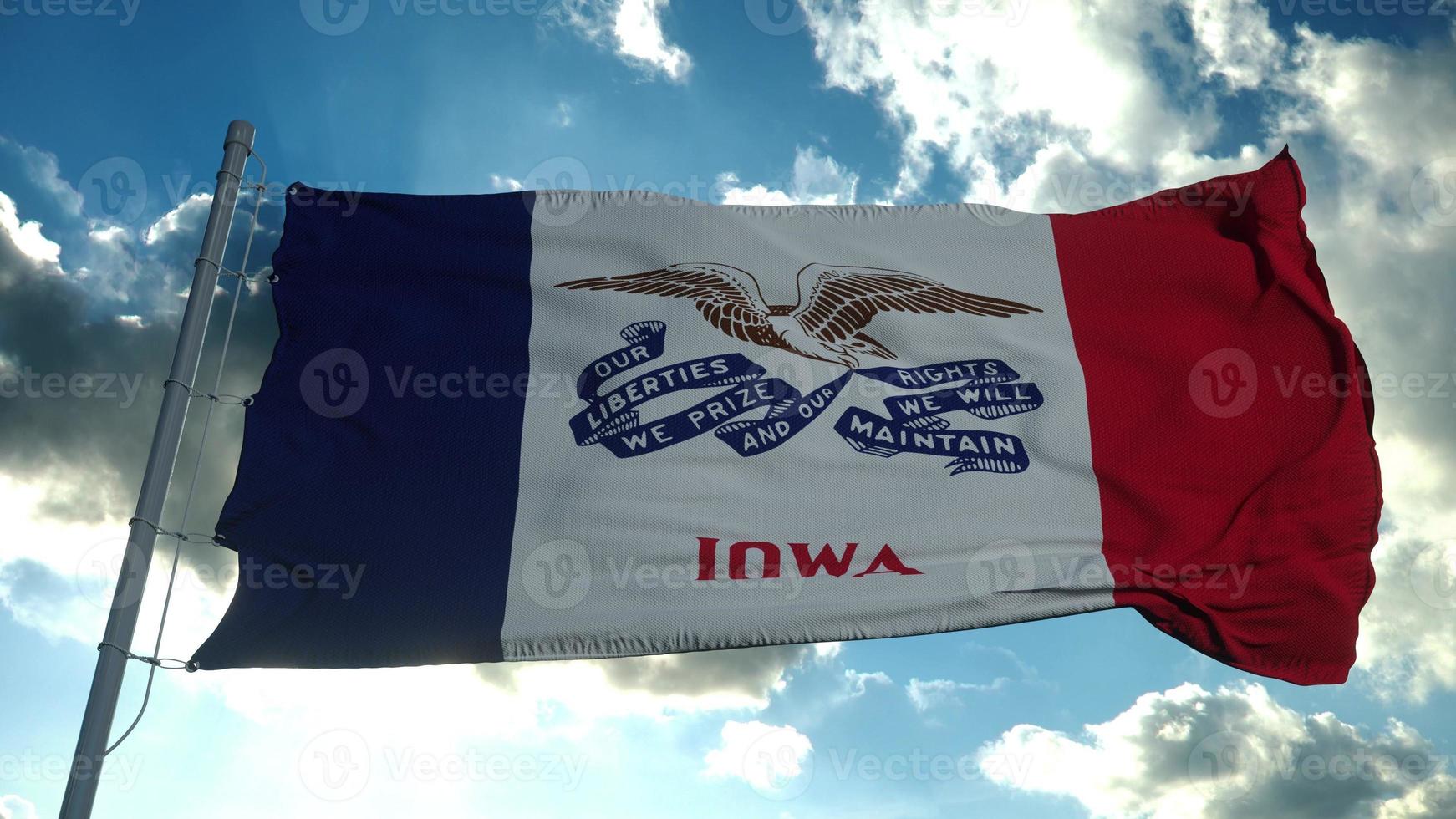 drapeau de l'iowa ondulant dans le vent contre le ciel profond de beaux nuages. rendu 3d photo