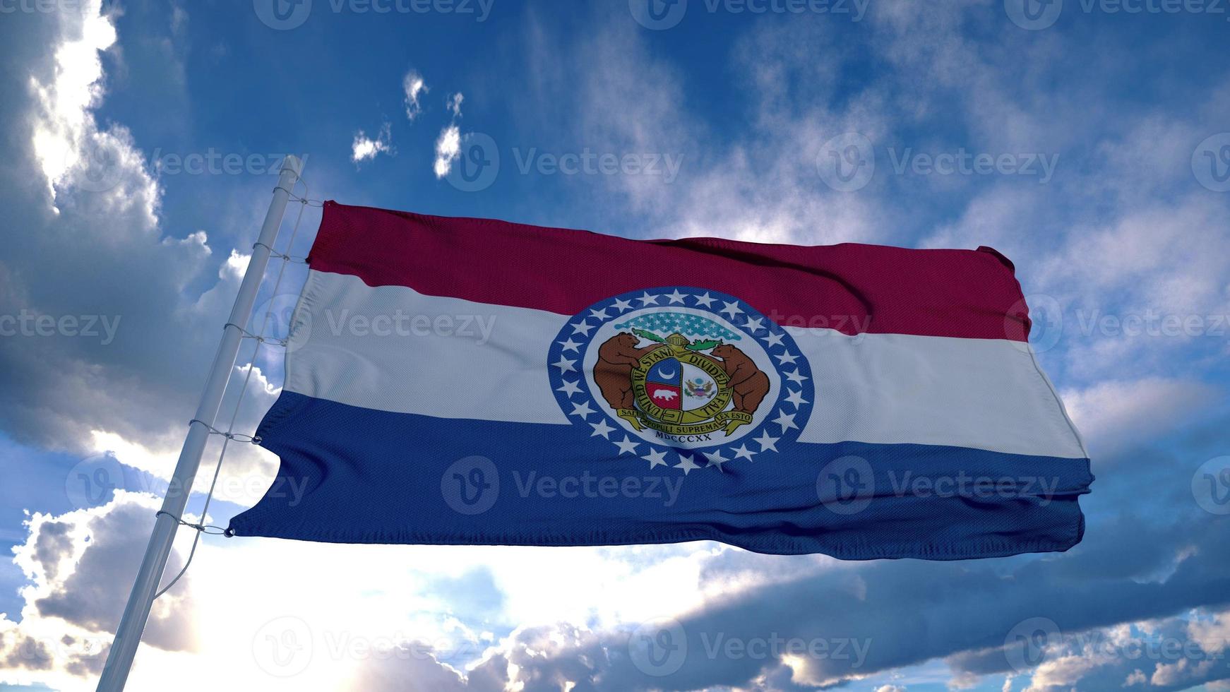 drapeau du missouri sur un mât agitant dans le vent, fond de ciel bleu. rendu 3d photo