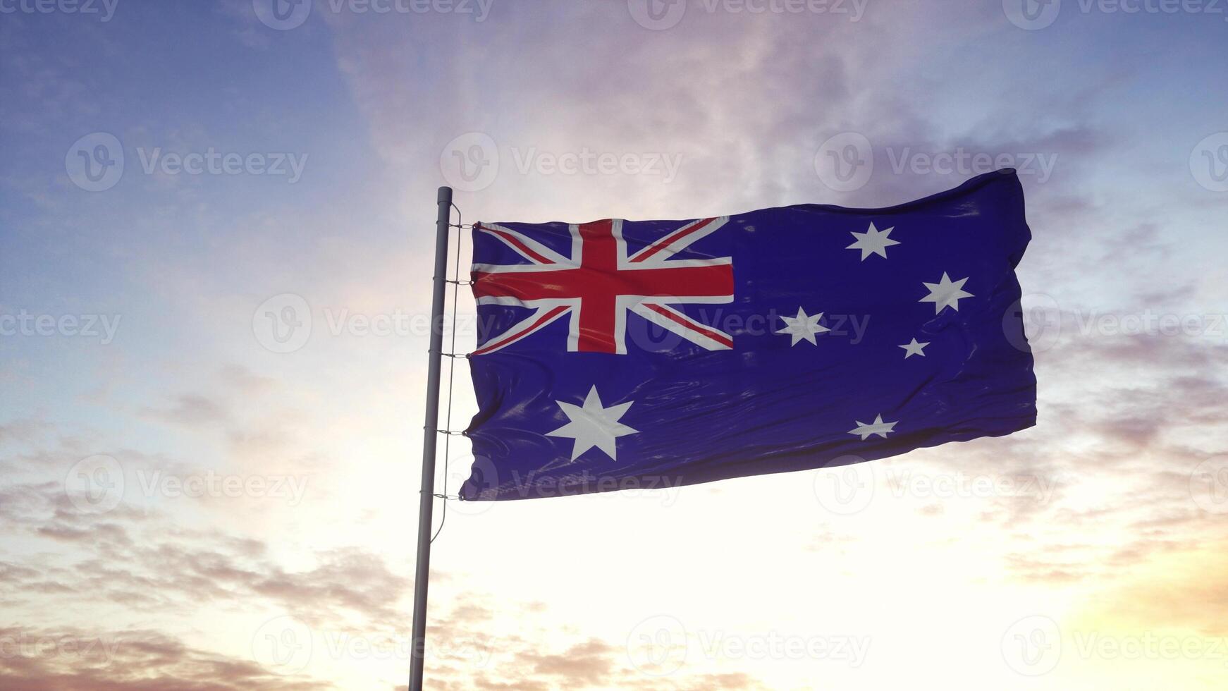 drapeau australien agitant dans le vent, fond de ciel dramatique. illustration 3d photo