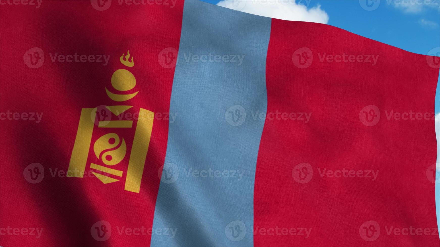 drapeau de la mongolie sur un mât agitant dans le vent, fond de ciel bleu. rendu 3d photo