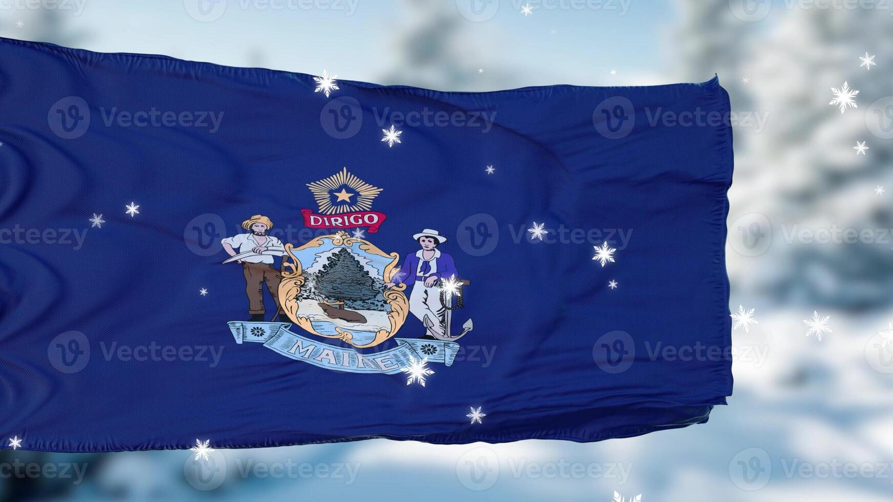 fond de drapeau de flocons de neige hiver maine. les états-unis d'Amérique. illustration 3d photo