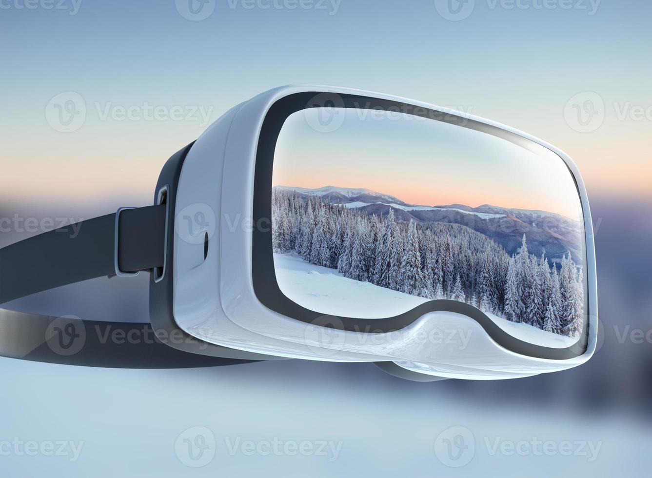 casque de réalité virtuelle, double exposition. paysage d'hiver mystérieux montagnes majestueuses dans. arbre couvert de neige magique. photo