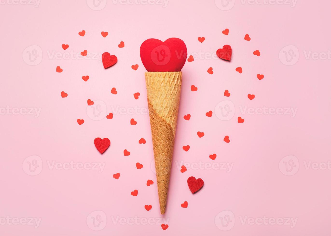 happy valentine's day.red heart in ice cream cone.valentine day concept photo