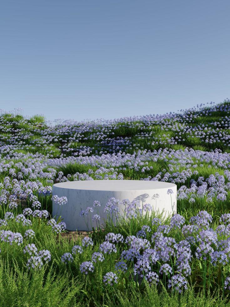 podium sur le champ de fleurs violettes naturelles illustration de rendu 3d photo