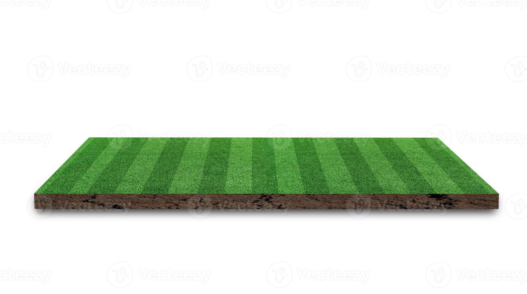 rendu 3d. terrain de football en herbe à rayures, terrain de football en pelouse verte, isolé sur fond blanc. photo