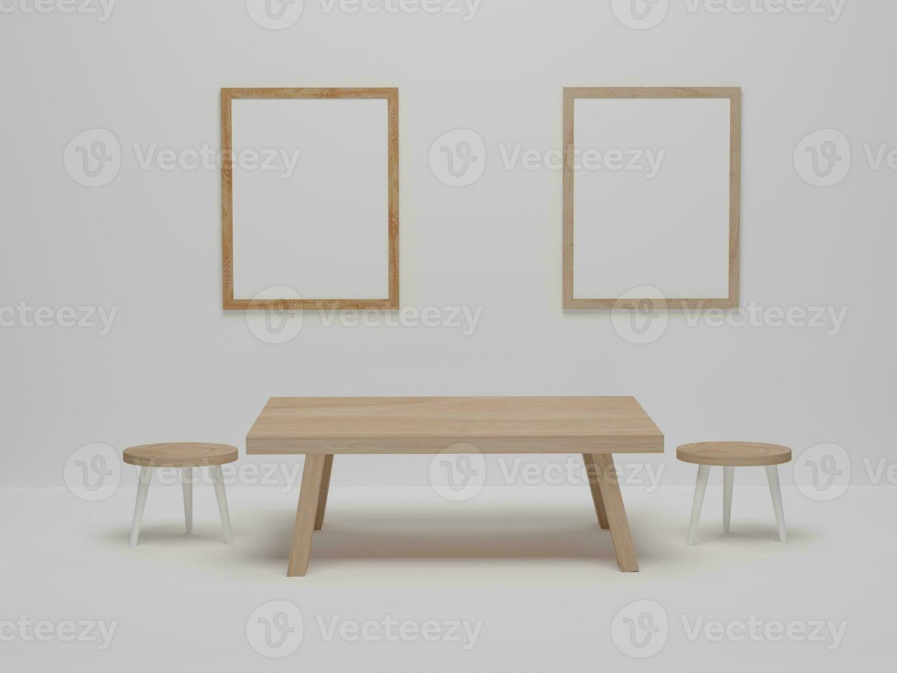 maquette de cadre photo dans la salle à manger avec chaises et table en bois. conception abstraite de salle à manger de scène minimale. rendu 3d, illustration 3d