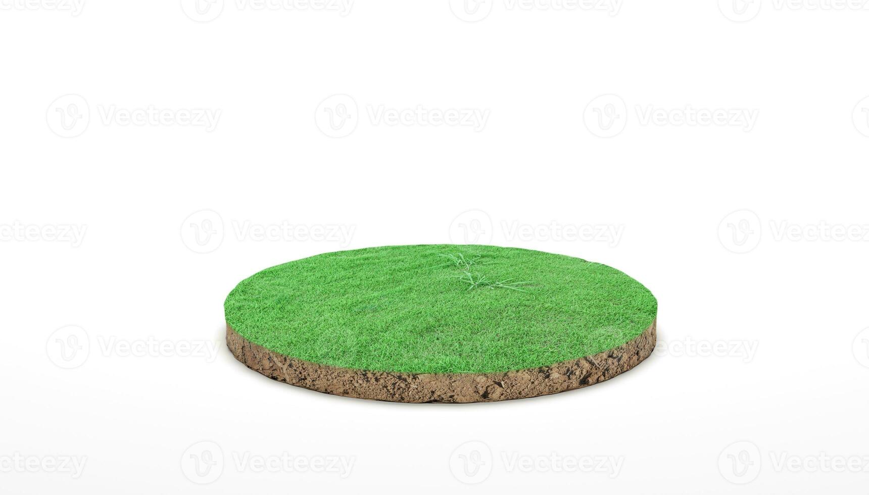 rendu 3d. section transversale du sol rond avec herbe verte sur fond blanc. photo