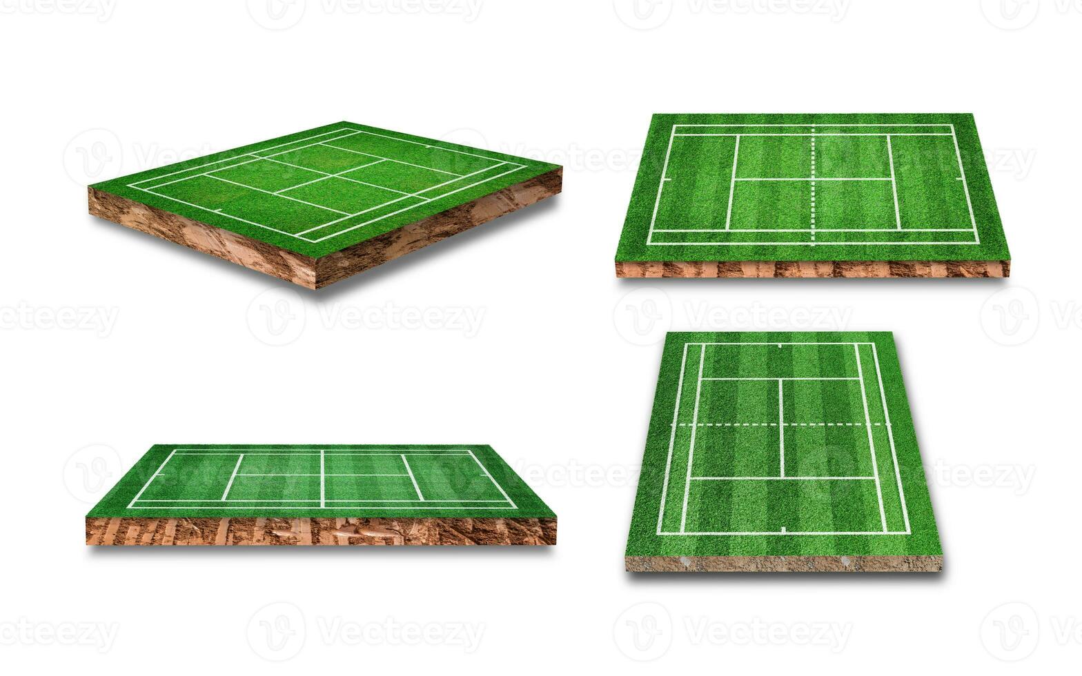 collection de section transversale cubique de sol avec terrain de tennis en herbe isolé sur fond blanc. rendu 3d. photo