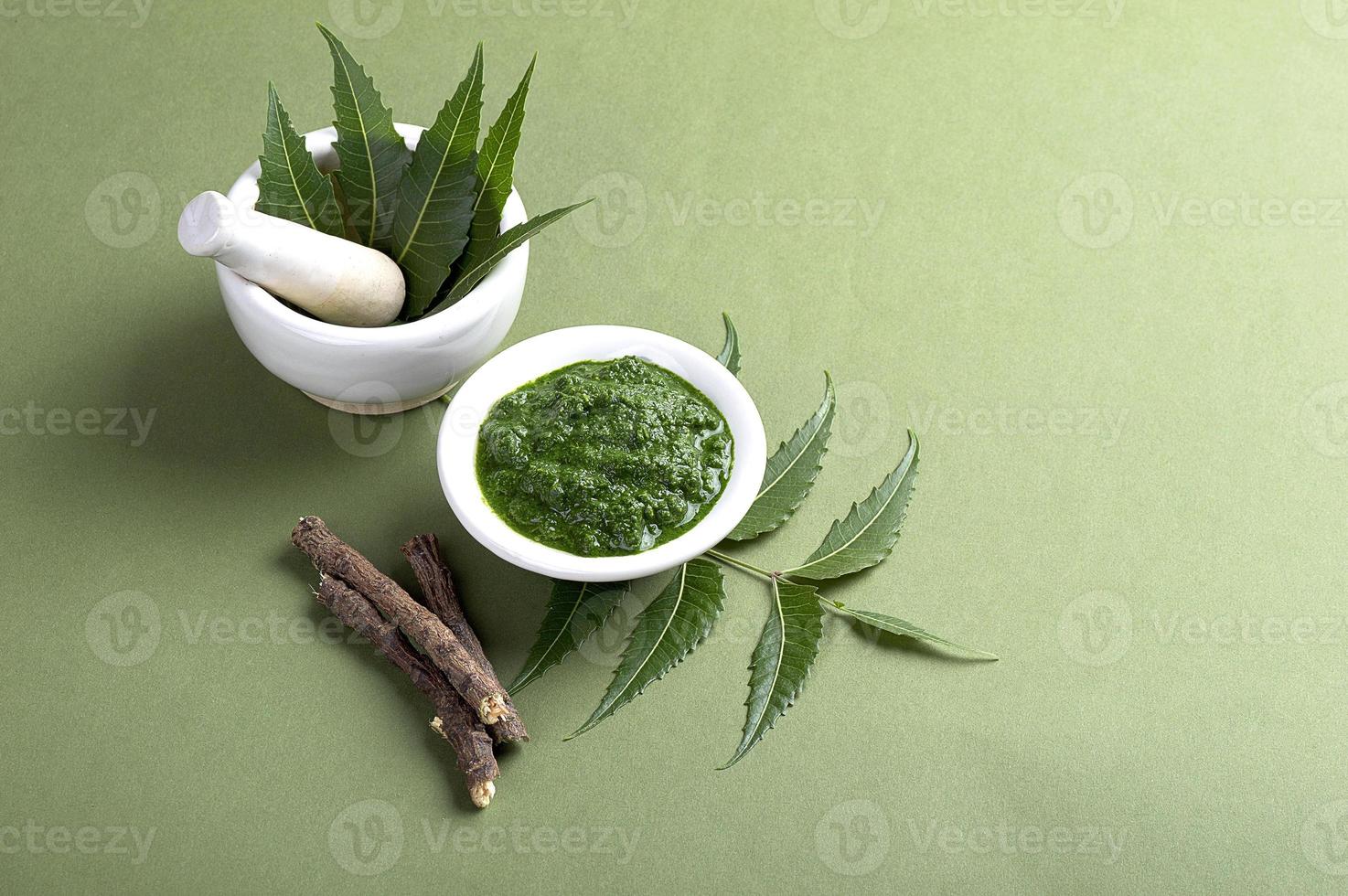 feuilles de neem médicinales dans un mortier et un pilon avec de la pâte et des brindilles sur fond vert photo