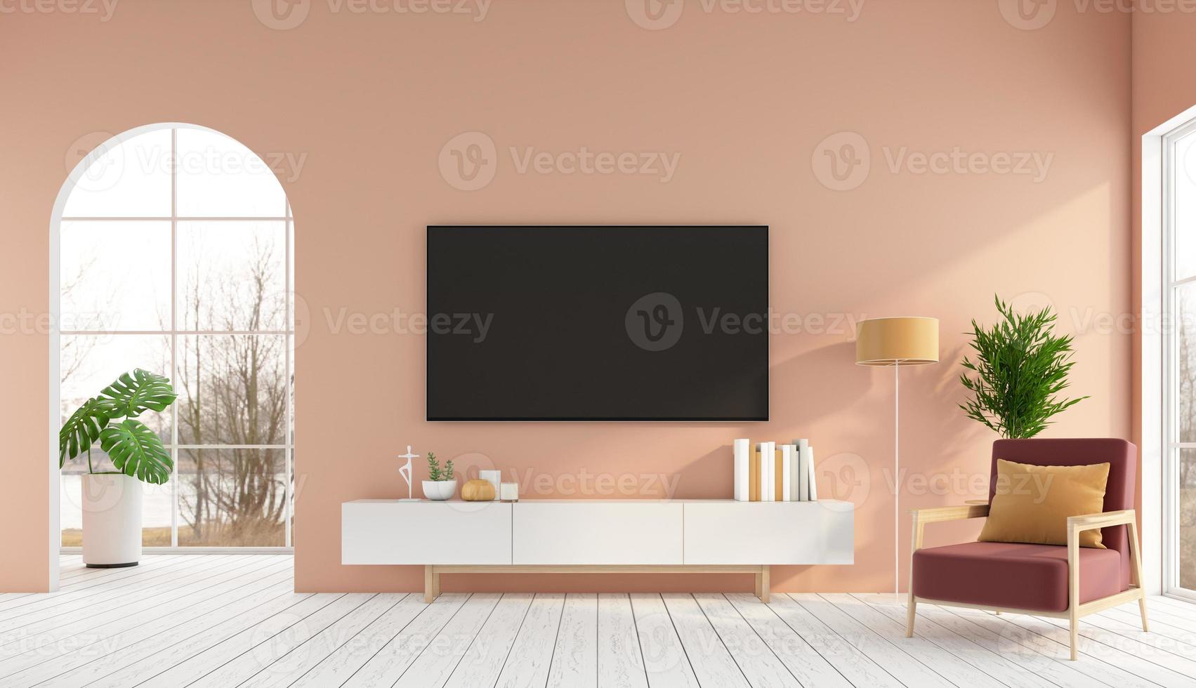 salon minimaliste avec meuble tv et fauteuil, mur orange clair et parquet blanc. rendu 3d photo