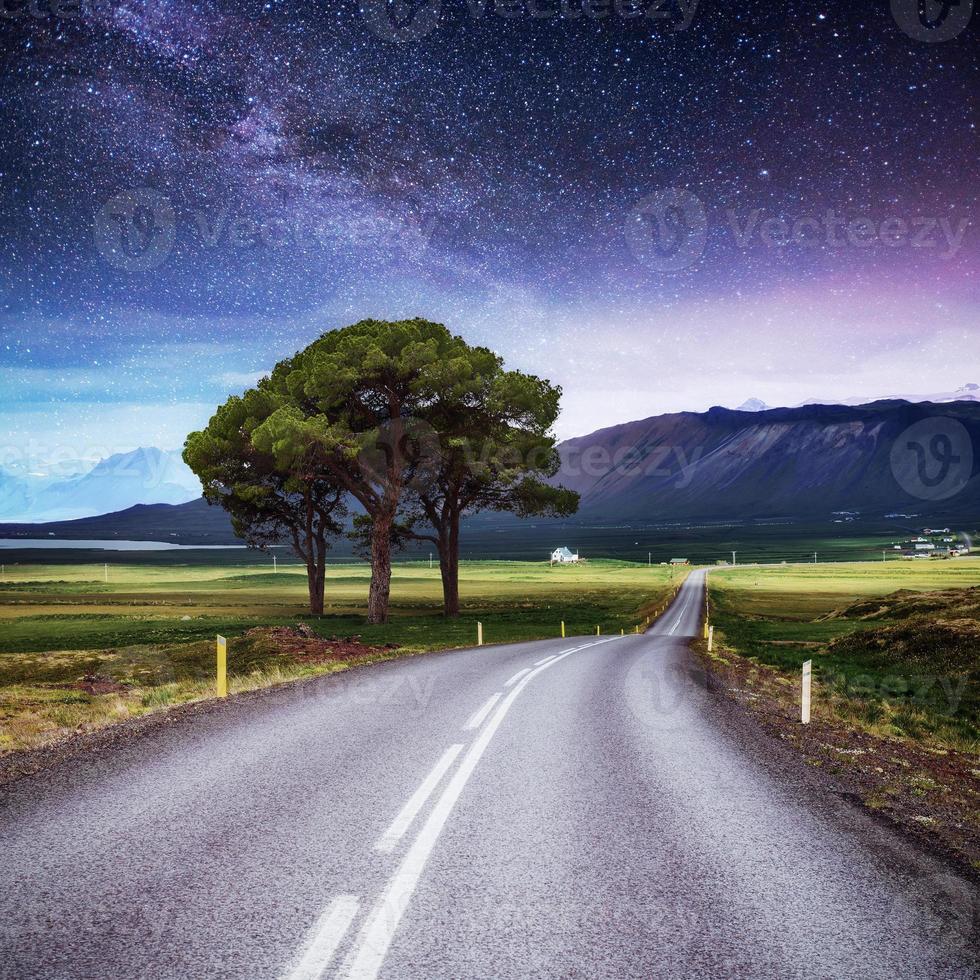 route goudronnée et arbre solitaire sous un ciel étoilé et la voie lactée photo