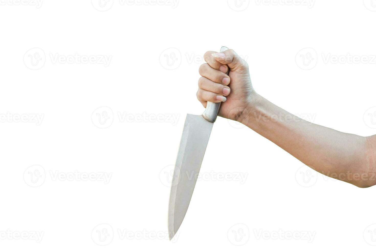 main tenant un couteau en acier inoxydable isolé sur fond blanc avec un tracé de détourage. photo