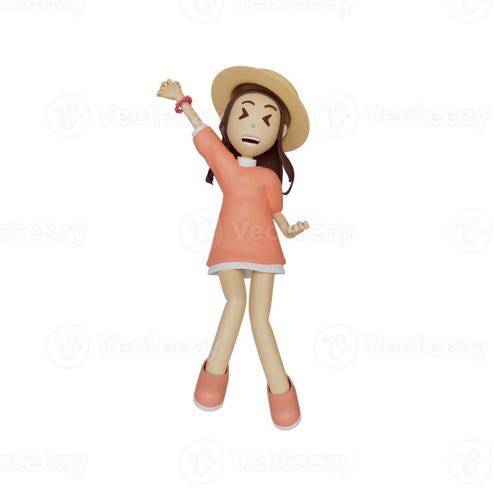 fille au chapeau rose et chemise surdimensionnée rose. sourire mignon. levez la main pour sauter. sur fond blanc. illustration de rendu 3d photo