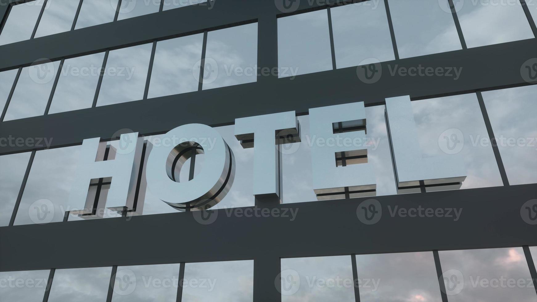 signe de l'hôtel sur un gratte-ciel de verre moderne. concept de voyage et de tourisme. rendu 3d photo