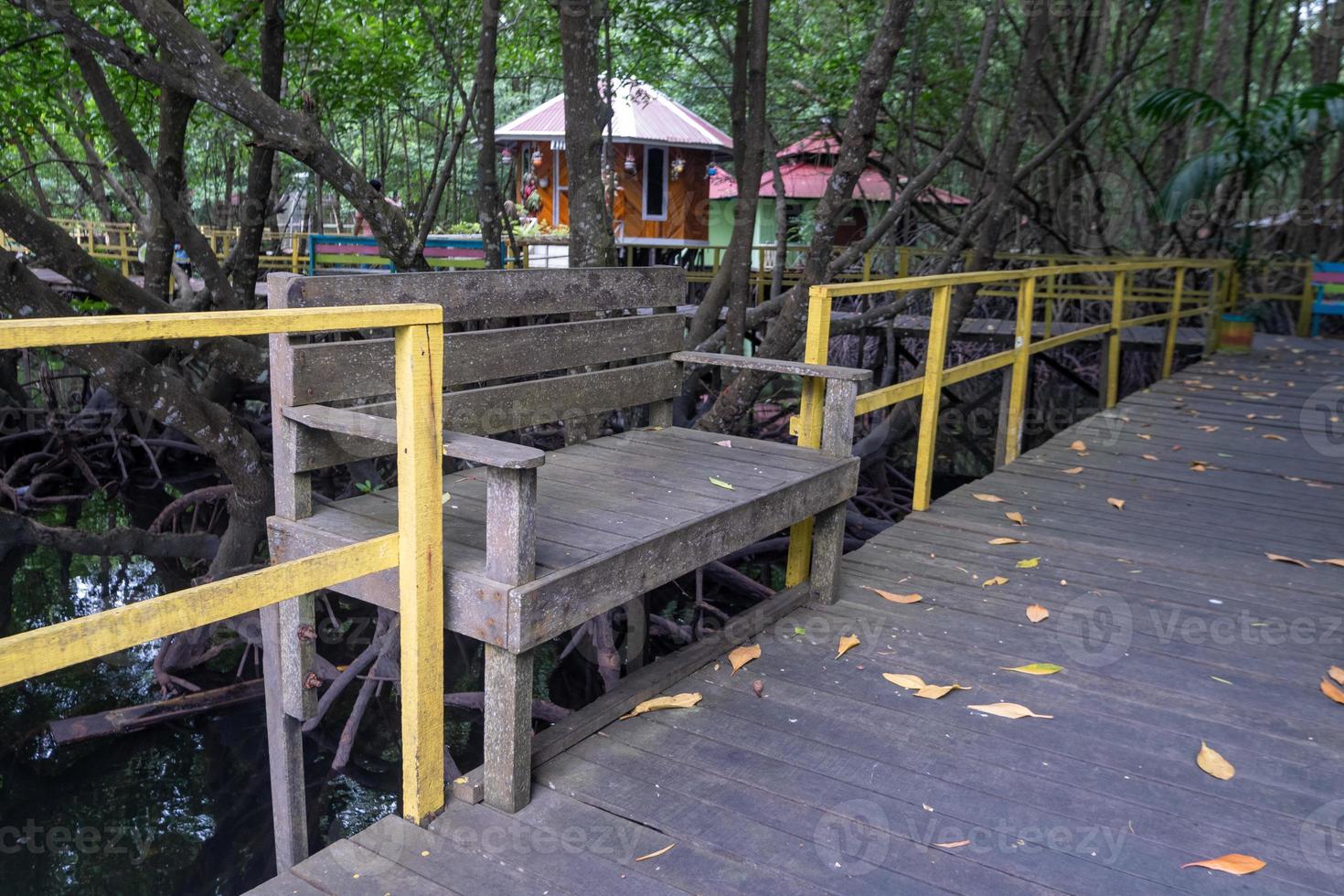 Chaises en bois de fer pour les touristes se reposant dans le parc touristique de la forêt de mangrove photo