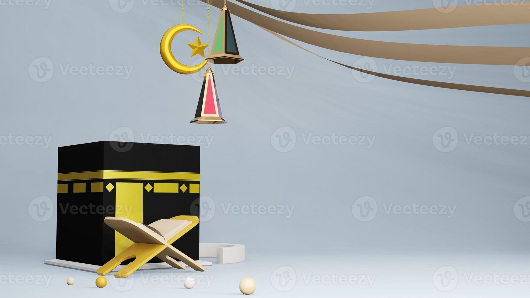 coran ou coran et kaaba dans masjid al haram concept de célébration islamique eid al adha ou hajj illustration 3d. rendu 3d photo