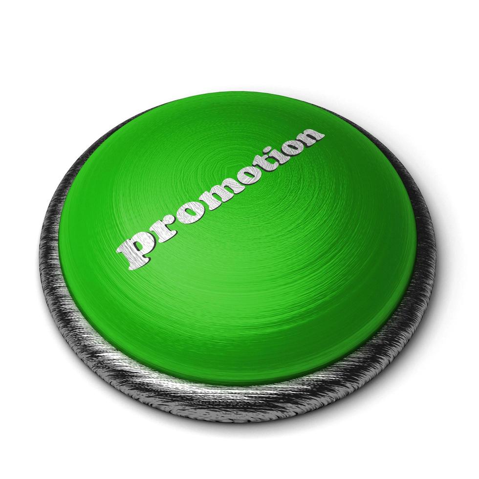 Mot de promotion sur le bouton vert isolé sur blanc photo