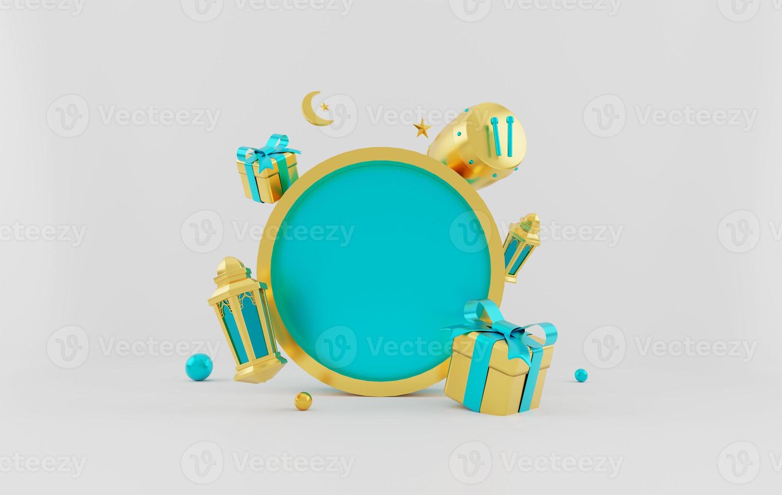 document d'information sur la vente islamique, coffret cadeau, lanterne, lune et tambour. concept de conception du ramadan kareem, iftar, isra et miraj ou eid al fitr adha, zone de texte de l'espace de copie, illustration 3d. photo