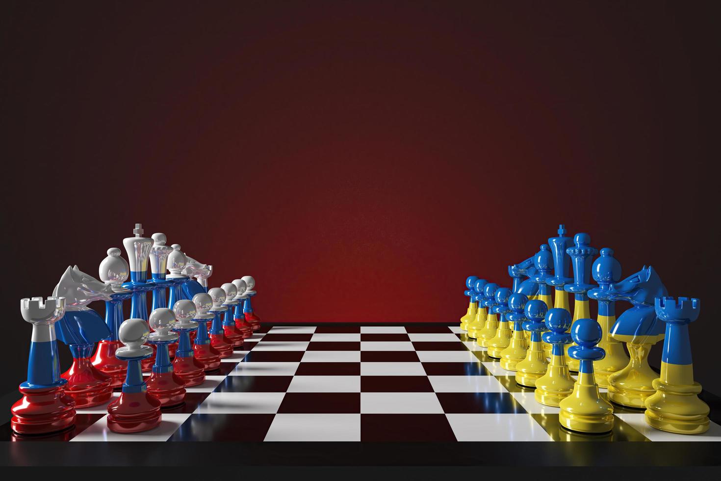 jeu d'échecs les pièces sont colorées avec des motifs ukrainiens et russes, reflétant le jeu politique international. rendu 3d photo