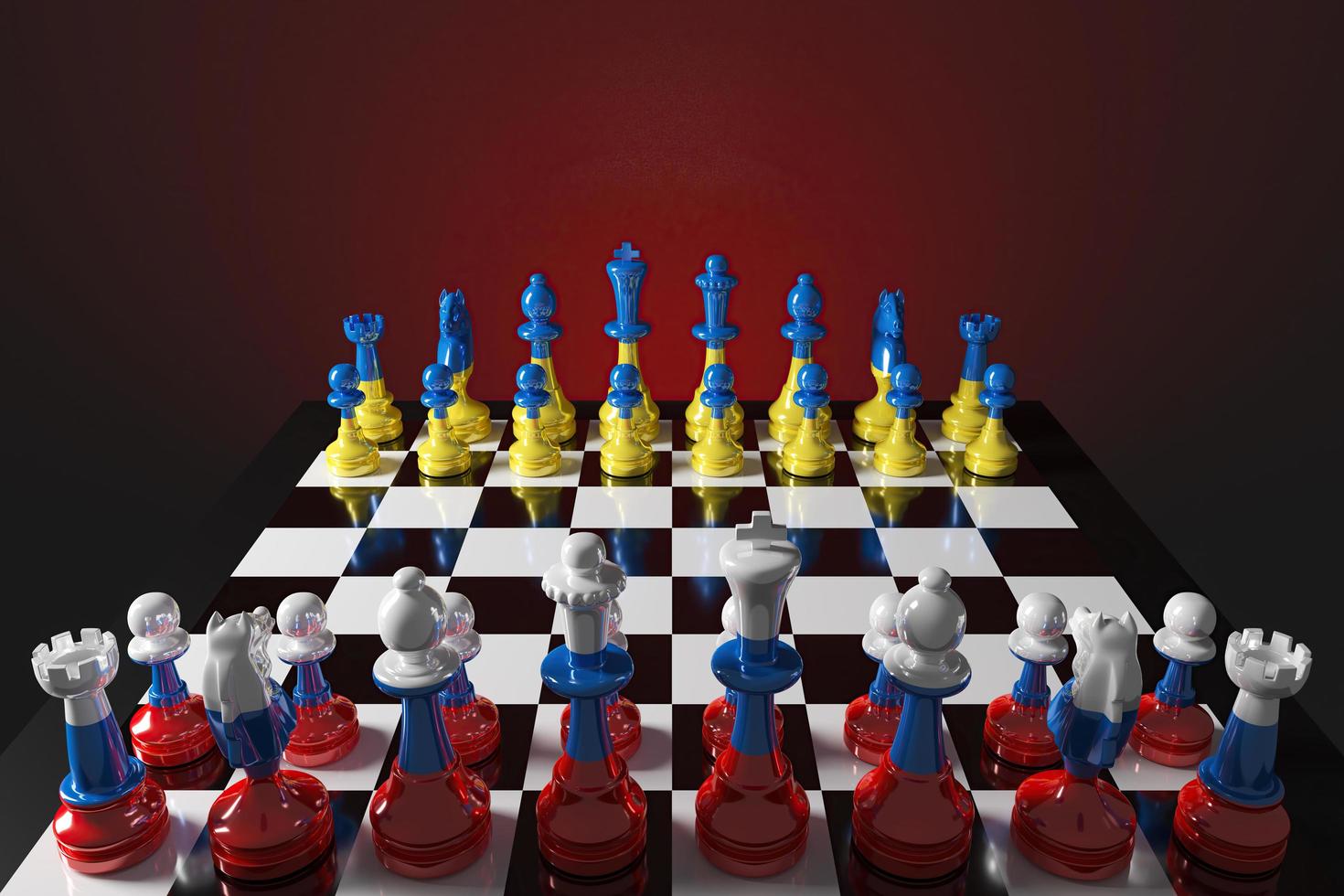 jeu d'échecs les pièces sont colorées avec des motifs ukrainiens et russes, reflétant le jeu politique international. rendu 3d photo
