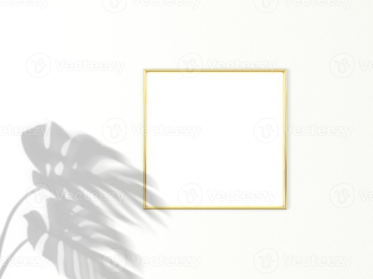 Cadre doré carré 1x1 pour maquette de photo ou d'image sur fond blanc avec ombre de feuilles de monstère. rendu 3d.