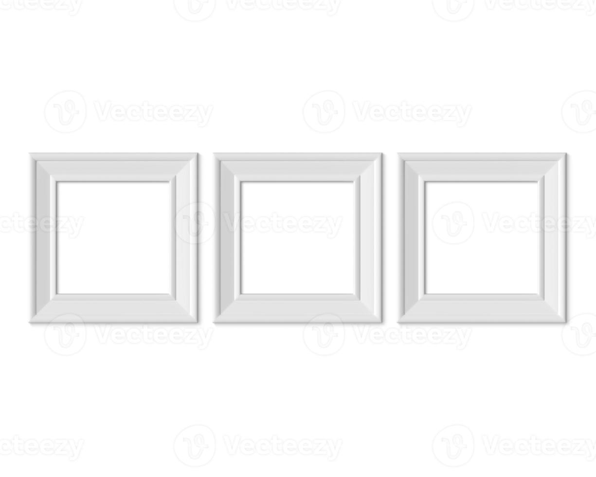 ensemble de 3 maquettes de cadre photo carré 1x1. papier réaliste, blanc en bois ou en plastique blanc. modèle de maquette de cadre d'affiche isolé sur fond blanc. rendu 3D.