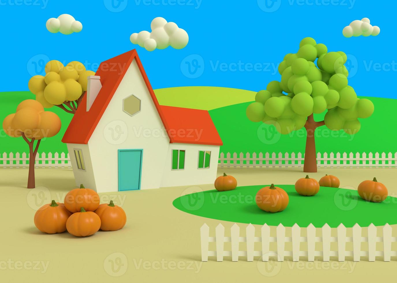 paysage rural pittoresque avec récolte en style cartoon. rendu 3d. maison dans le champ de citrouilles sur le fond des prieurs d'automne. photo