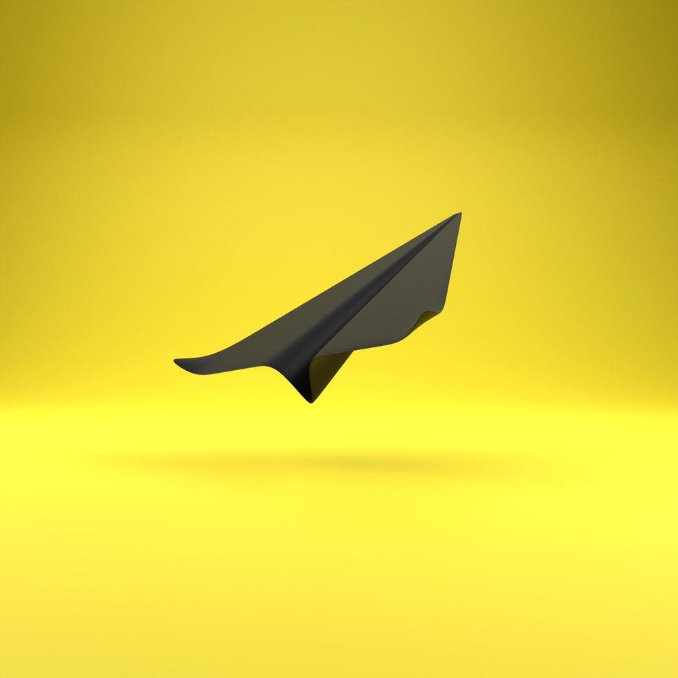 avion volant en papier noir isolé sur fond jaune. avion en papier réaliste de rendu 3d photo