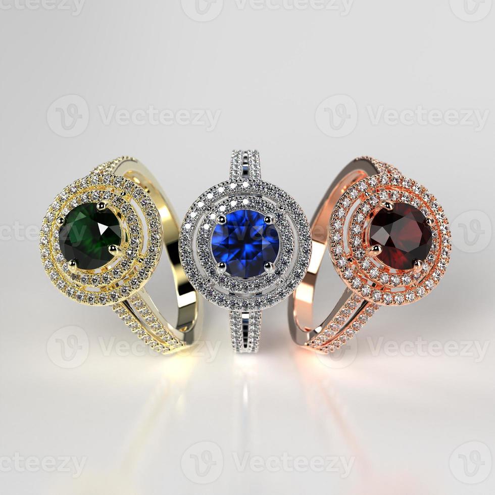 bague double halo empilée à trois couleurs métalliques avec des pierres précieuses colorées photo